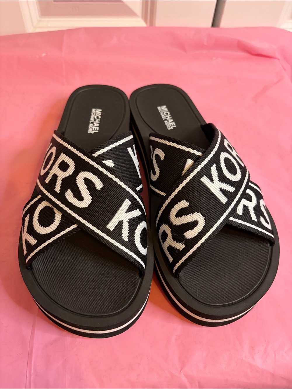 Michael Kors Black and White Logo Crossband Slide Sandals